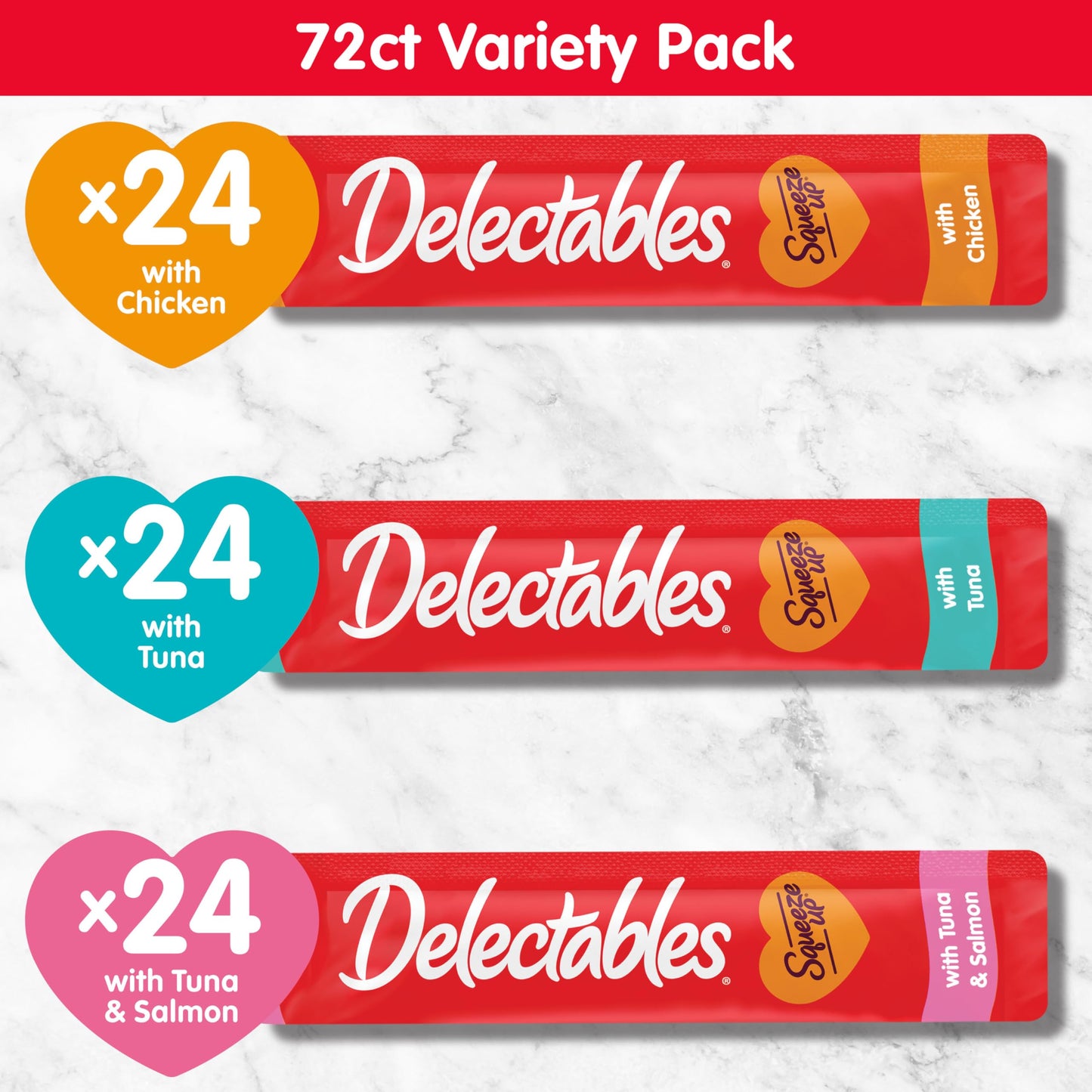 Delectables Squeeze Up Variety Pack, Creamy Squeezable Puree, Lickable Wet Cat Treats, Grain Free, No Added Fillers, No By-Products, No Added Preservatives, 0.5 Ounces Tube, 24 Tubes Total