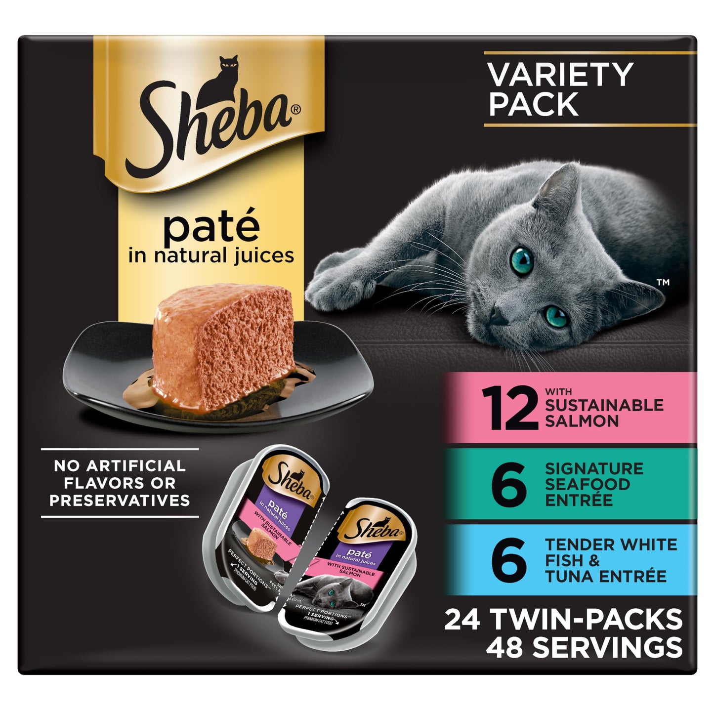 Sheba Perfect Portions Wet Cat Food Pate Savory Chicken Entree, Roasted Turkey Entree, and Tender Beef Entree Variety Pack, 2.6 oz. Twin Pack Trays (24 Count, 48 Servings)