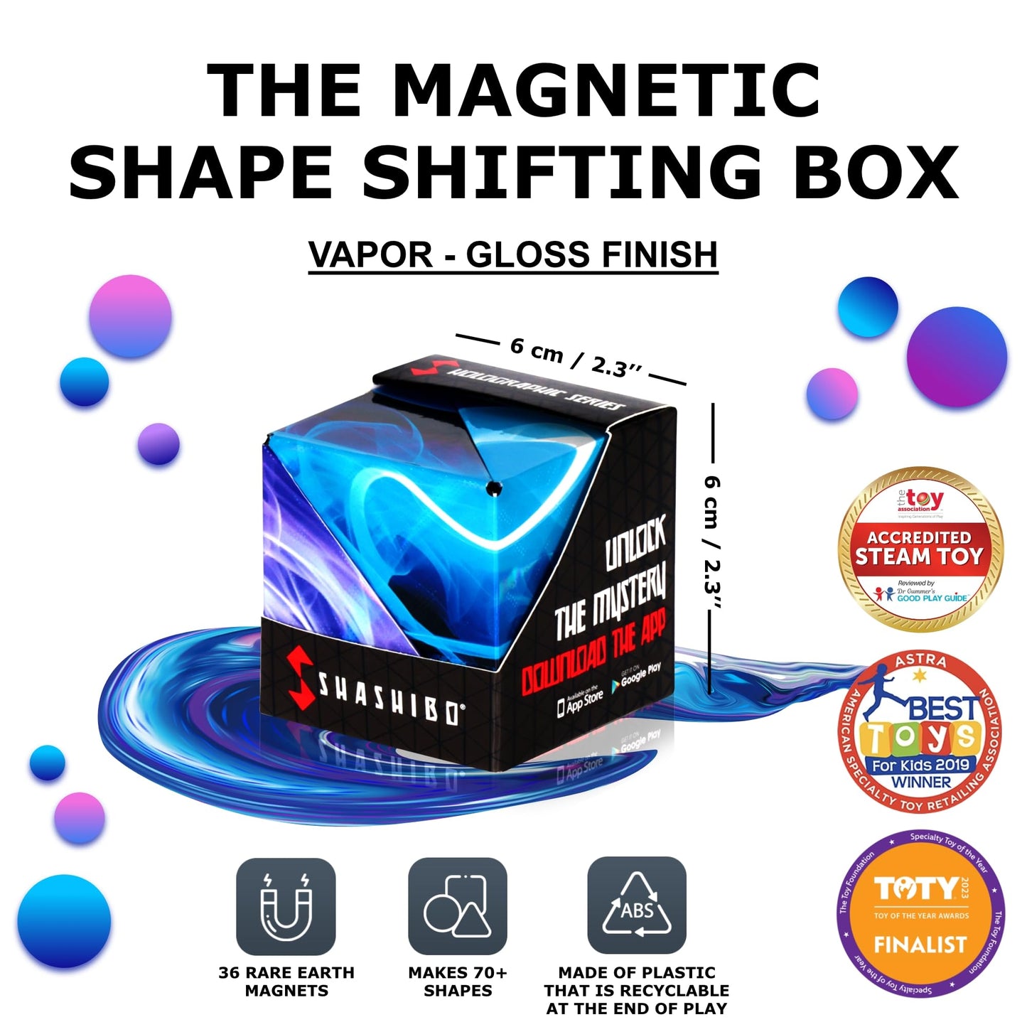 SHASHIBO Shape Shifting Box - Award-Winning Fidget Toy w/ 36 Rare Earth Magnets - Fidget Cube Transforms Into Over 70 Shapes, Sensory Toy Gift for Kids, Teens, and Adults (Vapor)