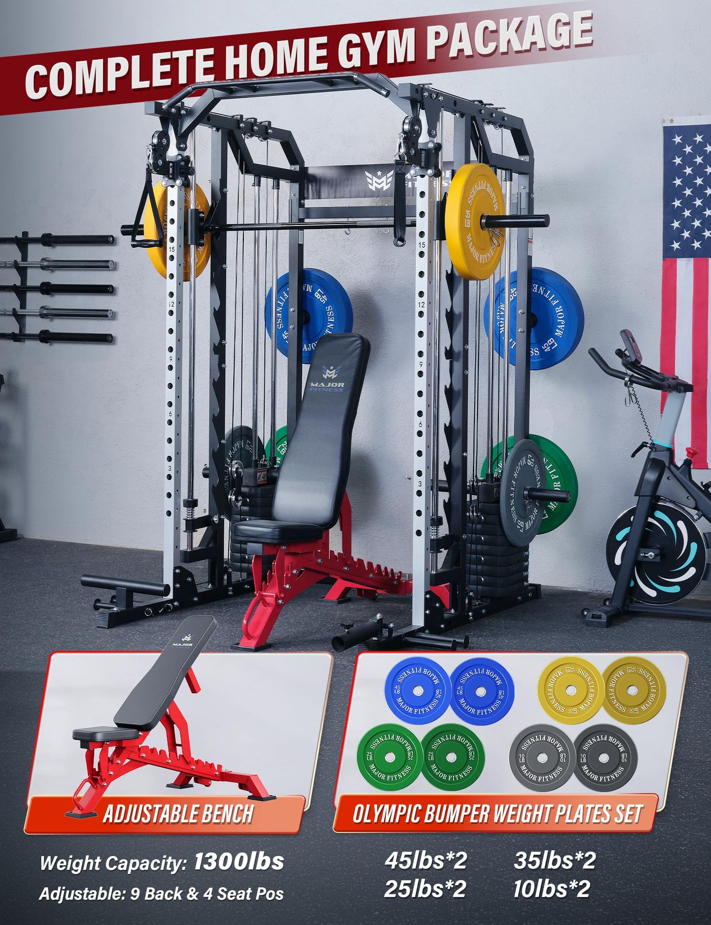Major Fitness Drone2 Advanced Training Smith Machines– All-in-One Home Gym Squat Rack with Aluminum Pulley Set , Weight Bar, Dual LAT Pull-Down Systems & Cable Crossover Machine for Full-Body Workouts