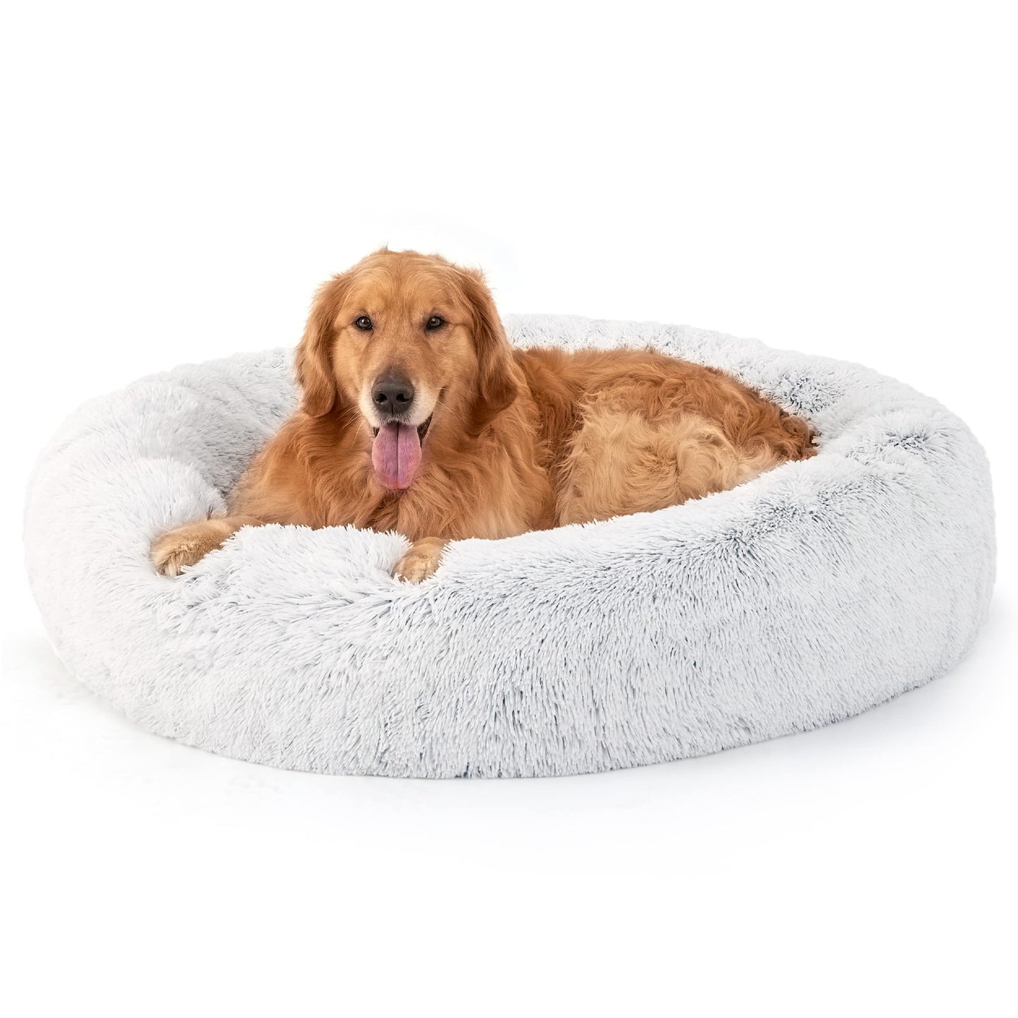 Bedsure Calming Dog Bed Medium Size Dog - Donut Washable Medium Pet Bed, 30 inches Anti-Slip Round Fluffy Plush Faux Fur Cat Bed, Fits up to 45 lbs Pets, Camel