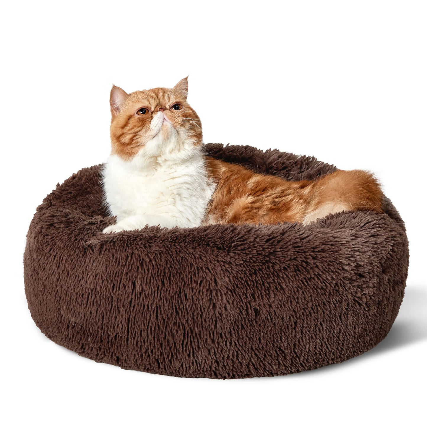 Bedsure Calming Dog Bed Medium Size Dog - Donut Washable Medium Pet Bed, 30 inches Anti-Slip Round Fluffy Plush Faux Fur Cat Bed, Fits up to 45 lbs Pets, Camel