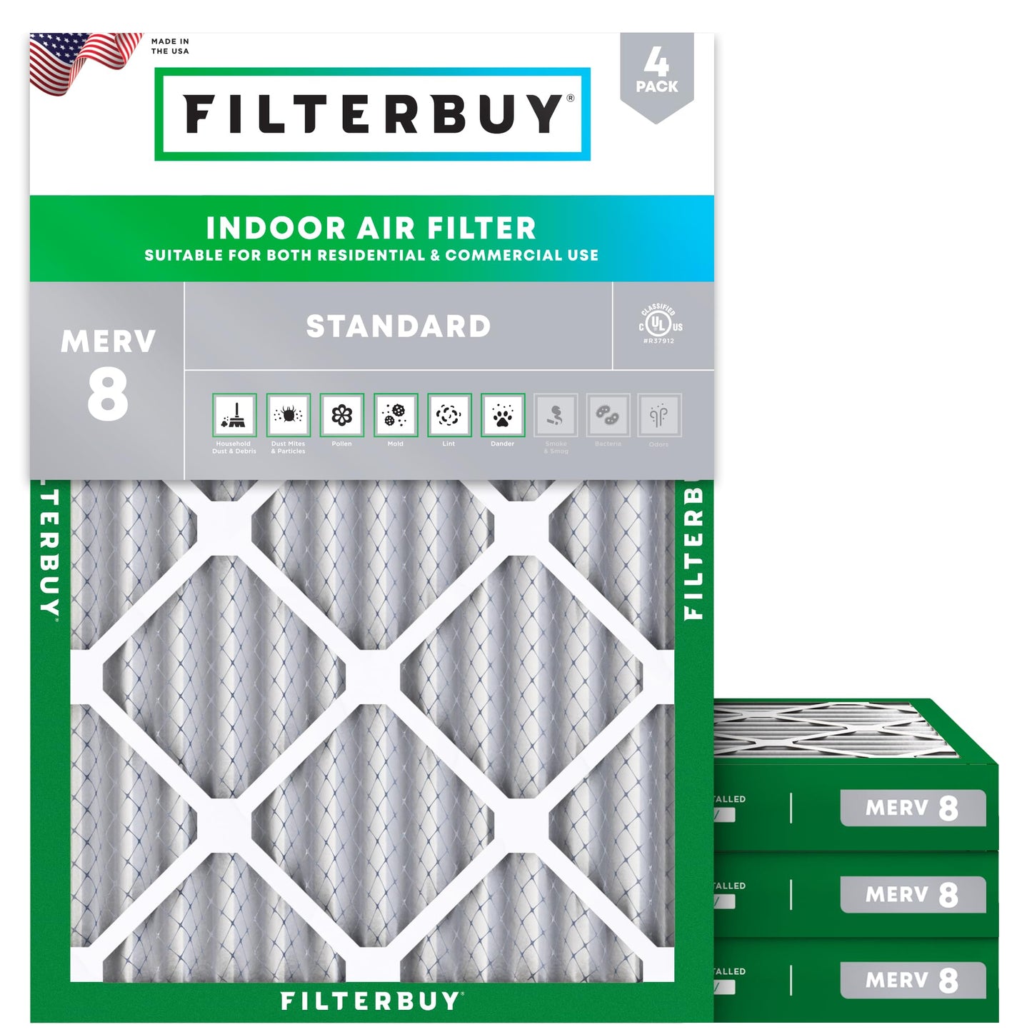 Filterbuy 16x25x1 Air Filter MERV 8 Essential Dust & Allergy Defense (4-Pack), Electrostatic Pleated HVAC AC Furnace Filters Replacement, Made in USA (Actual Size: 15.50 x 24.50 x 0.75)