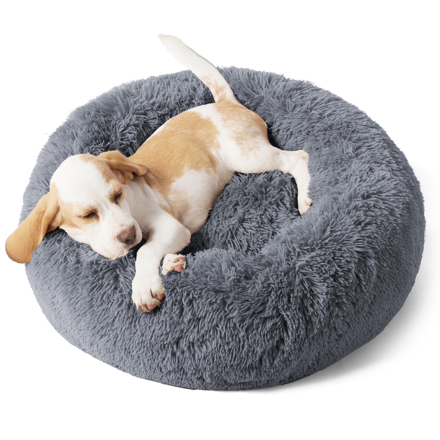 Bedsure Calming Dog Bed Medium Size Dog - Donut Washable Medium Pet Bed, 30 inches Anti-Slip Round Fluffy Plush Faux Fur Cat Bed, Fits up to 45 lbs Pets, Camel