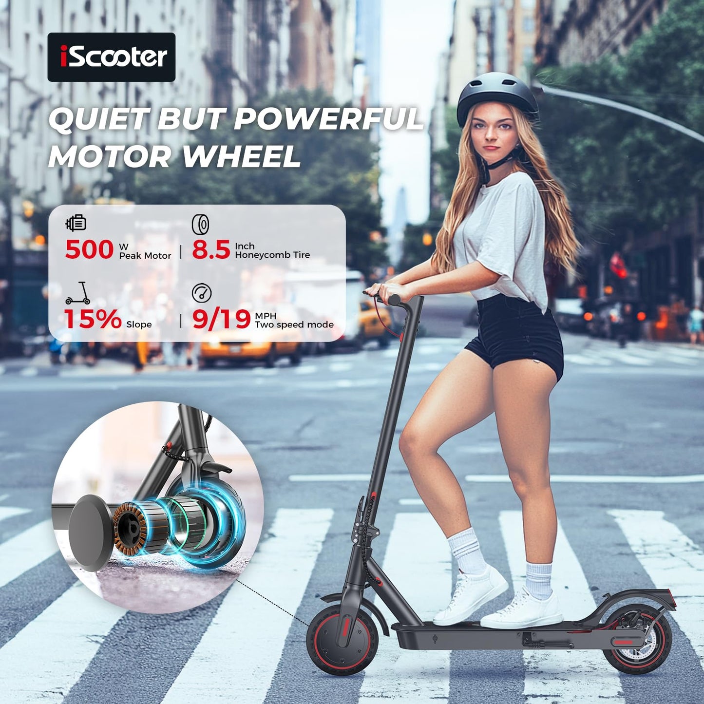 iScooter Electric Scooter Adults & Big Kids, 500/650 Peak Power, Up to 15/18/25 Miles Range, 19/22/25 MPH Top Speed, Cruise Control, Dual Braking System, Foldable E Scooter for Commuting & Campus Use