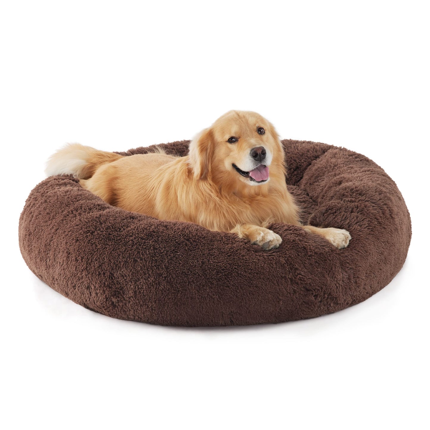 Bedsure Calming Dog Bed Medium Size Dog - Donut Washable Medium Pet Bed, 30 inches Anti-Slip Round Fluffy Plush Faux Fur Cat Bed, Fits up to 45 lbs Pets, Camel