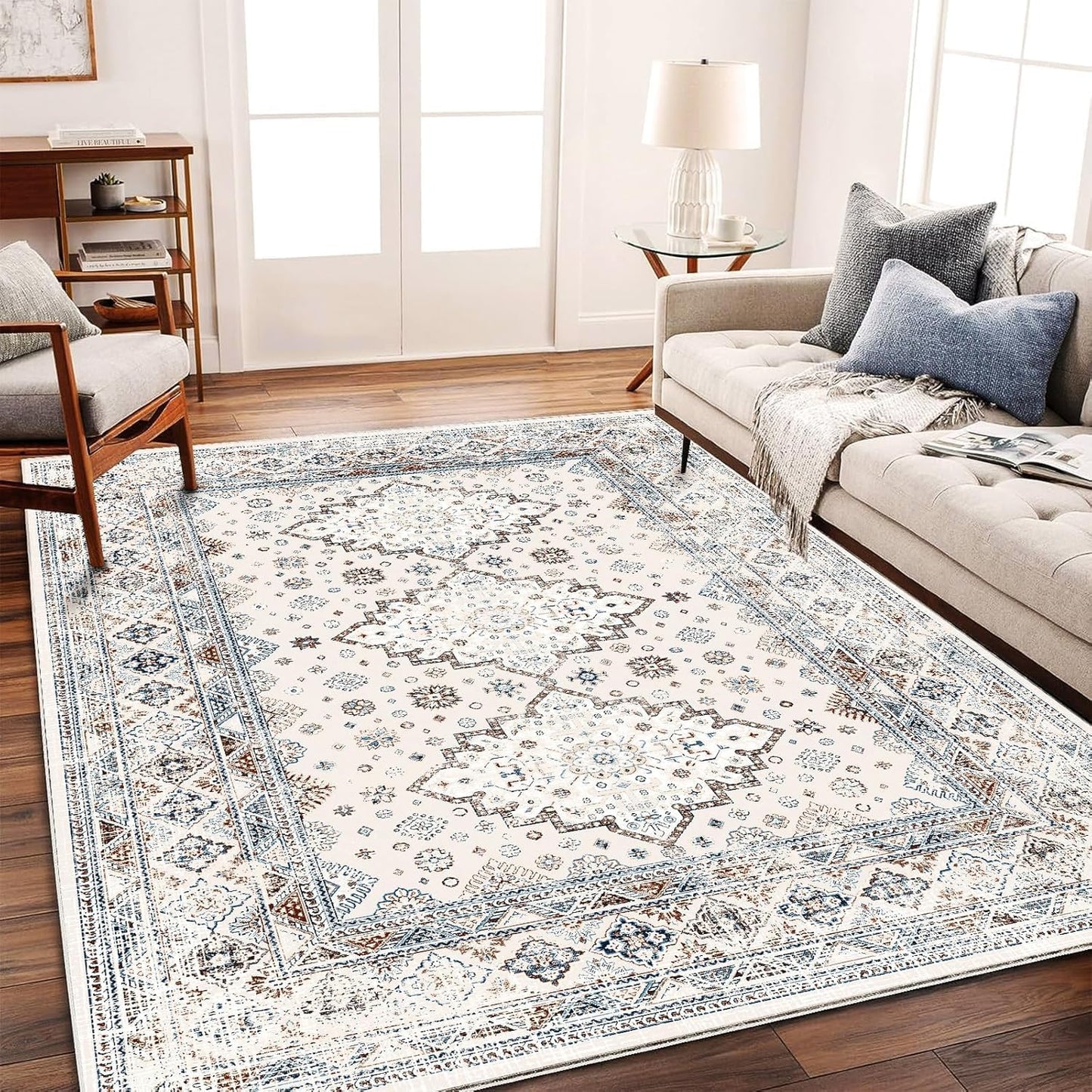 Washable Area Rug 9'x12' Boho Design Non-Shedding Easy Care Ideal for High Traffic Areas in Living Room Bedroom Office Coffee Table Kitchen Large Carpet