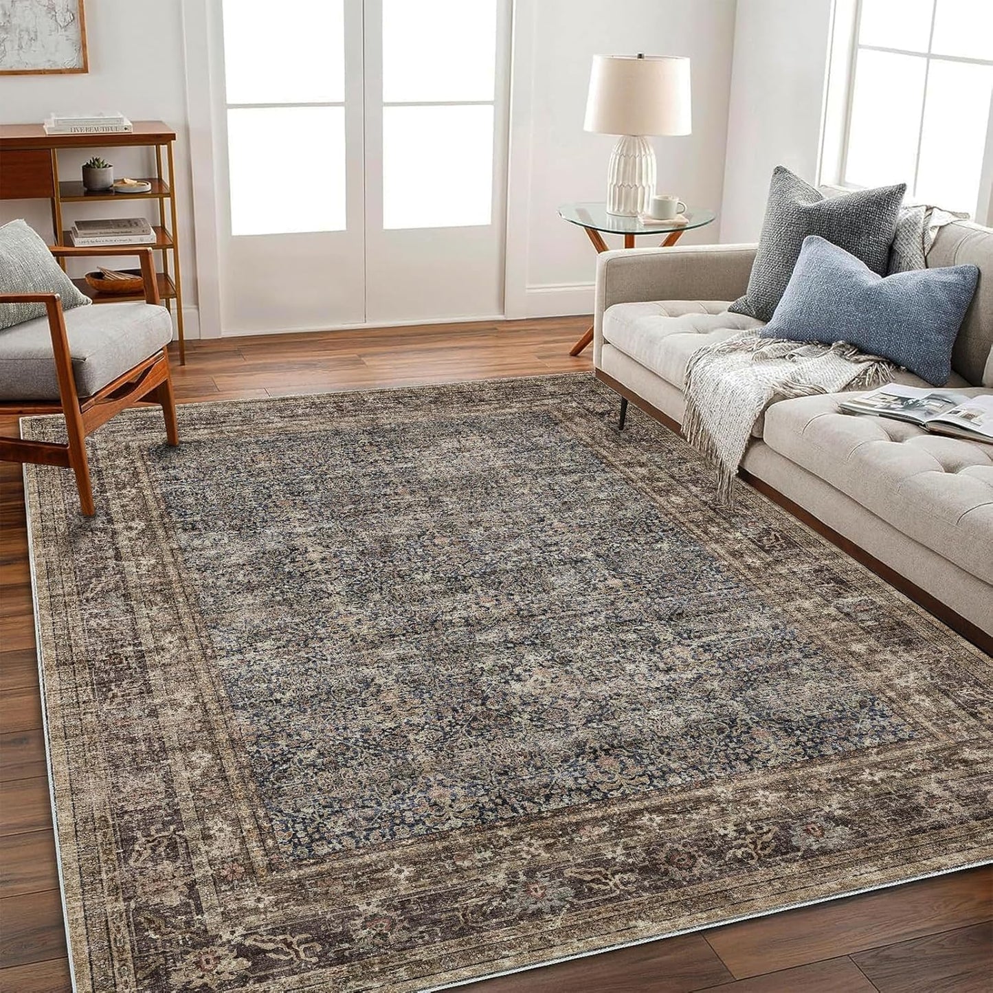 Washable Area Rug 9'x12' Boho Design Non-Shedding Easy Care Ideal for High Traffic Areas in Living Room Bedroom Office Coffee Table Kitchen Large Carpet
