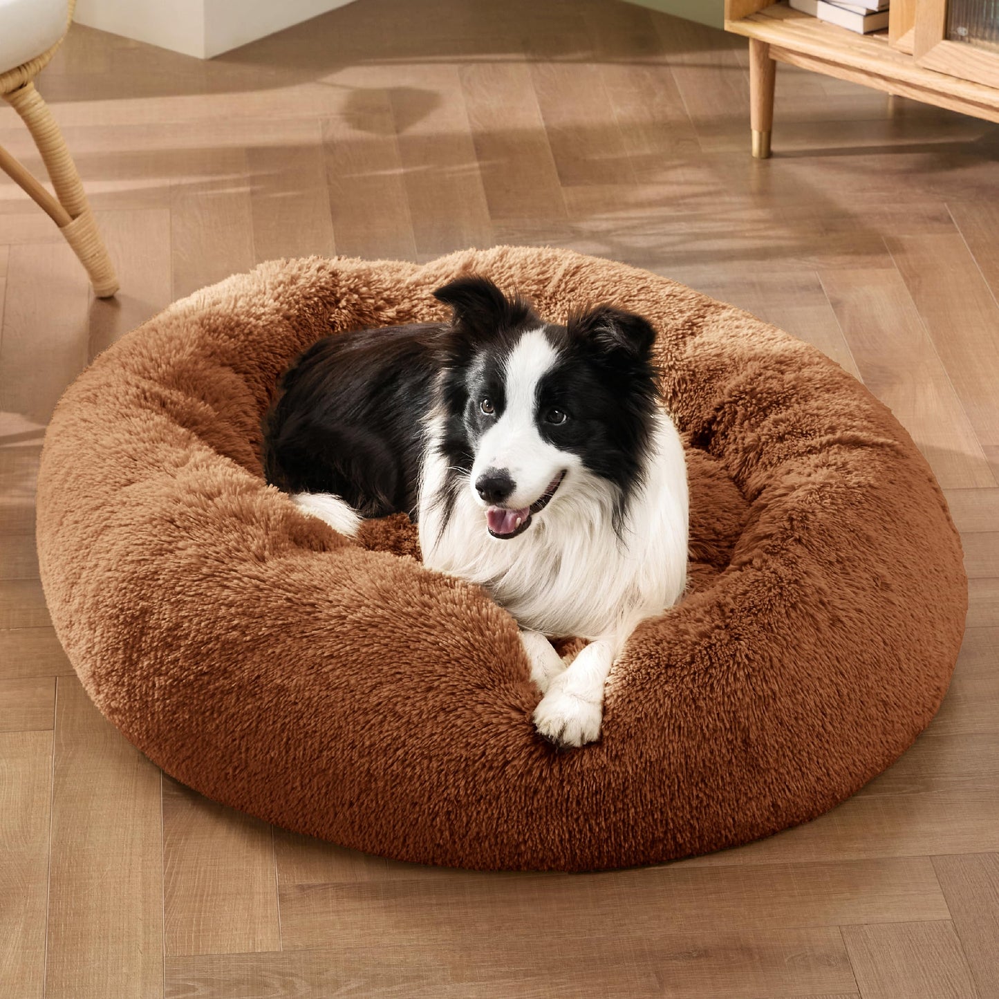 Bedsure Calming Dog Bed Medium Size Dog - Donut Washable Medium Pet Bed, 30 inches Anti-Slip Round Fluffy Plush Faux Fur Cat Bed, Fits up to 45 lbs Pets, Camel