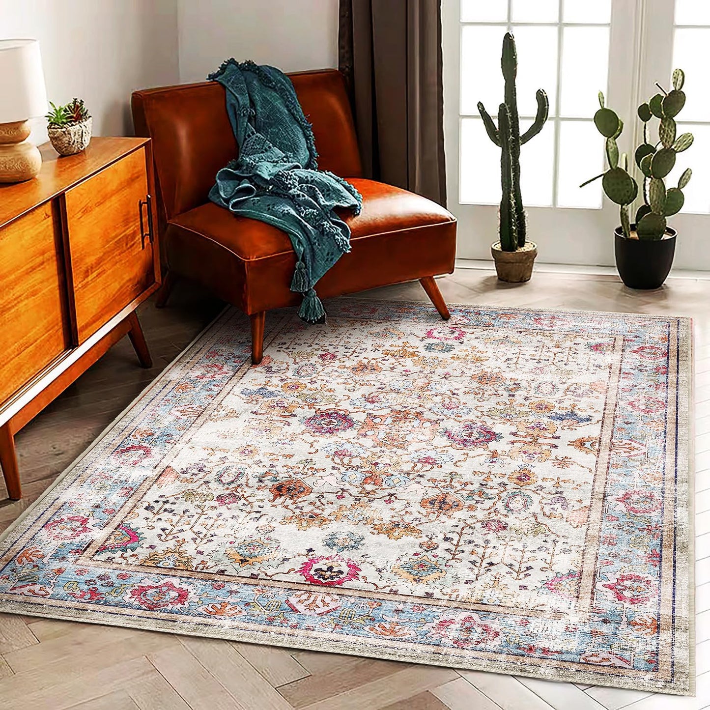 Washable Area Rug 9'x12' Boho Design Non-Shedding Easy Care Ideal for High Traffic Areas in Living Room Bedroom Office Coffee Table Kitchen Large Carpet