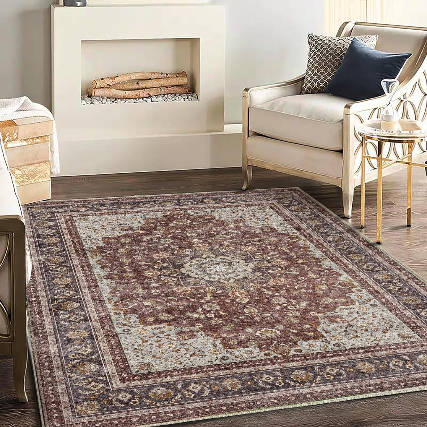 Washable Area Rug 9'x12' Boho Design Non-Shedding Easy Care Ideal for High Traffic Areas in Living Room Bedroom Office Coffee Table Kitchen Large Carpet
