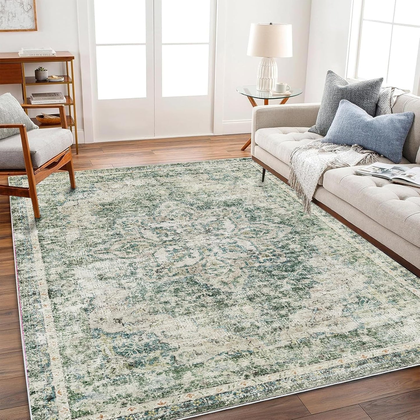 Washable Area Rug 9'x12' Boho Design Non-Shedding Easy Care Ideal for High Traffic Areas in Living Room Bedroom Office Coffee Table Kitchen Large Carpet