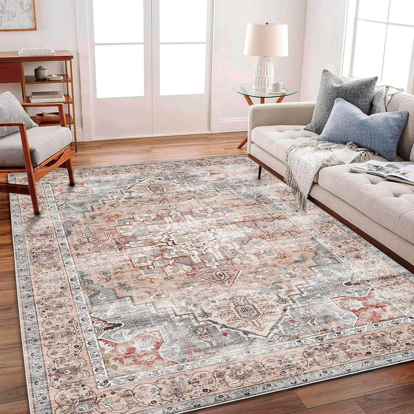 Washable Area Rug 9'x12' Boho Design Non-Shedding Easy Care Ideal for High Traffic Areas in Living Room Bedroom Office Coffee Table Kitchen Large Carpet