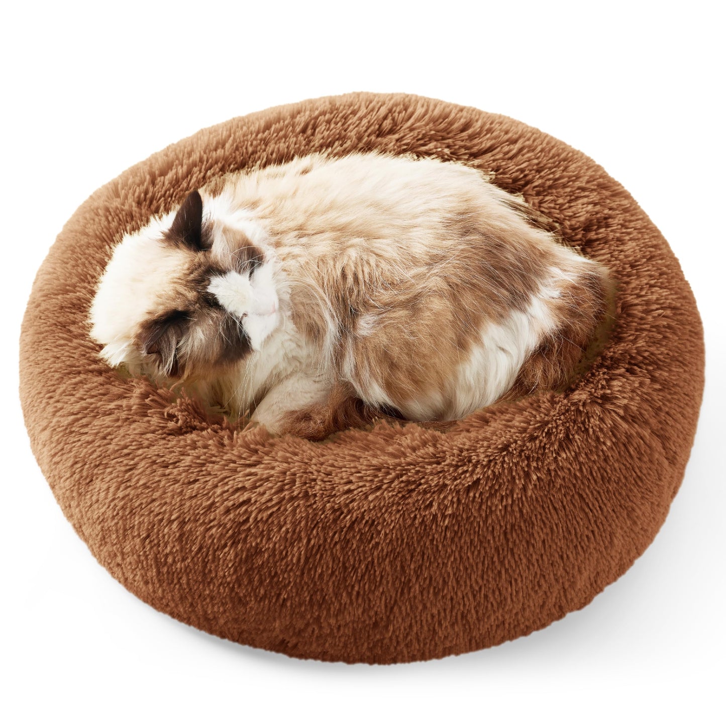 Bedsure Calming Dog Bed Medium Size Dog - Donut Washable Medium Pet Bed, 30 inches Anti-Slip Round Fluffy Plush Faux Fur Cat Bed, Fits up to 45 lbs Pets, Camel