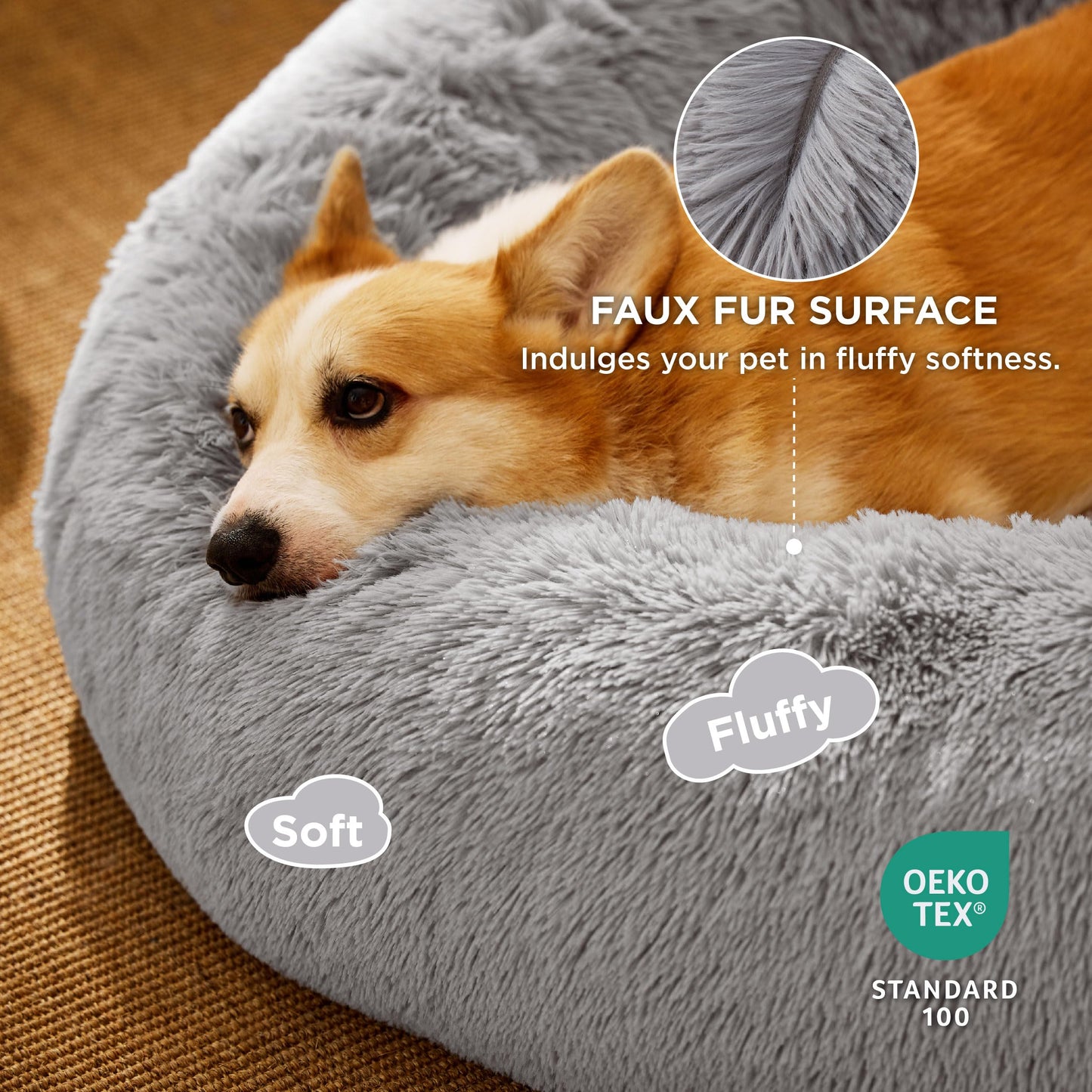 Bedsure Calming Dog Bed Medium Size Dog - Donut Washable Medium Pet Bed, 30 inches Anti-Slip Round Fluffy Plush Faux Fur Cat Bed, Fits up to 45 lbs Pets, Camel