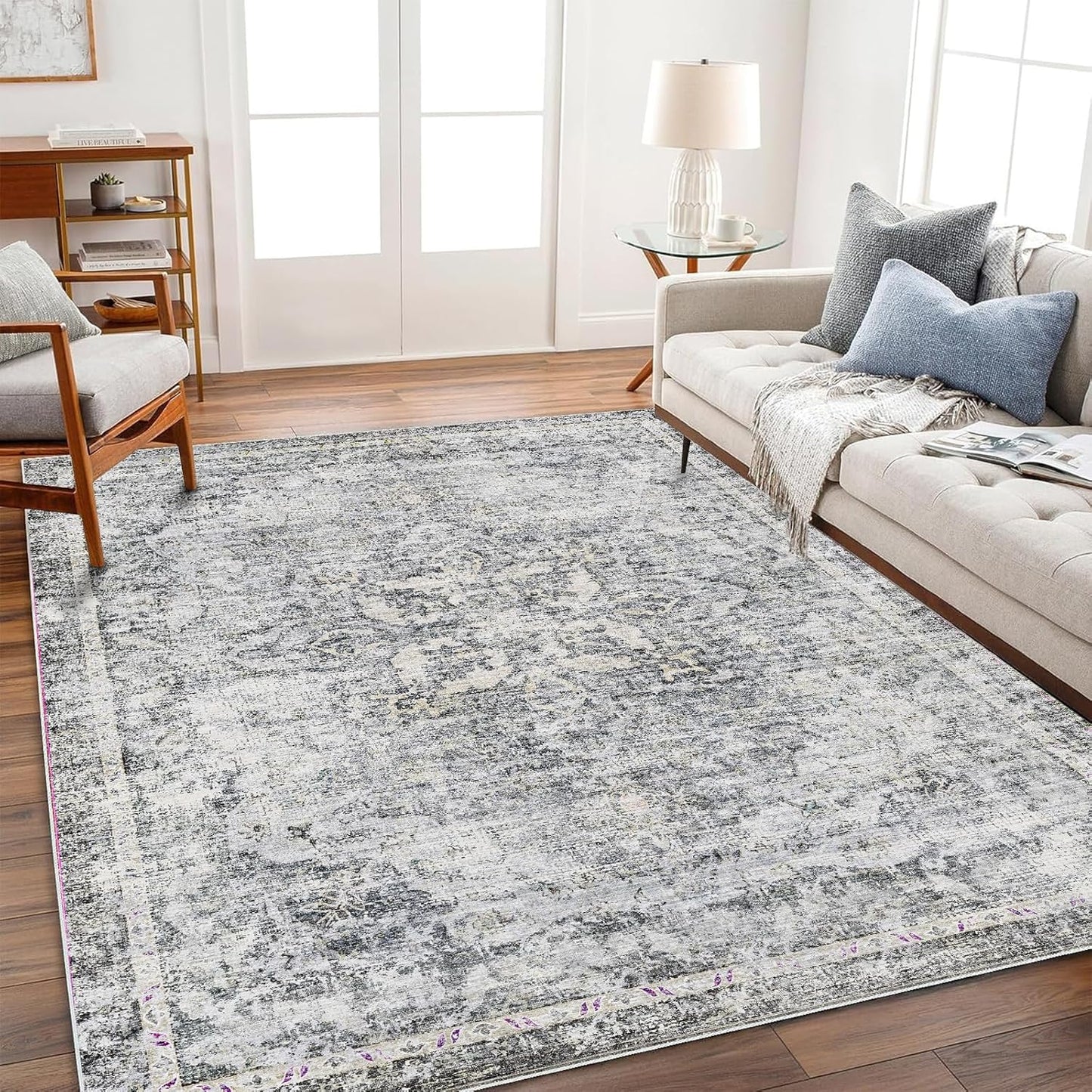 Washable Area Rug 9'x12' Boho Design Non-Shedding Easy Care Ideal for High Traffic Areas in Living Room Bedroom Office Coffee Table Kitchen Large Carpet