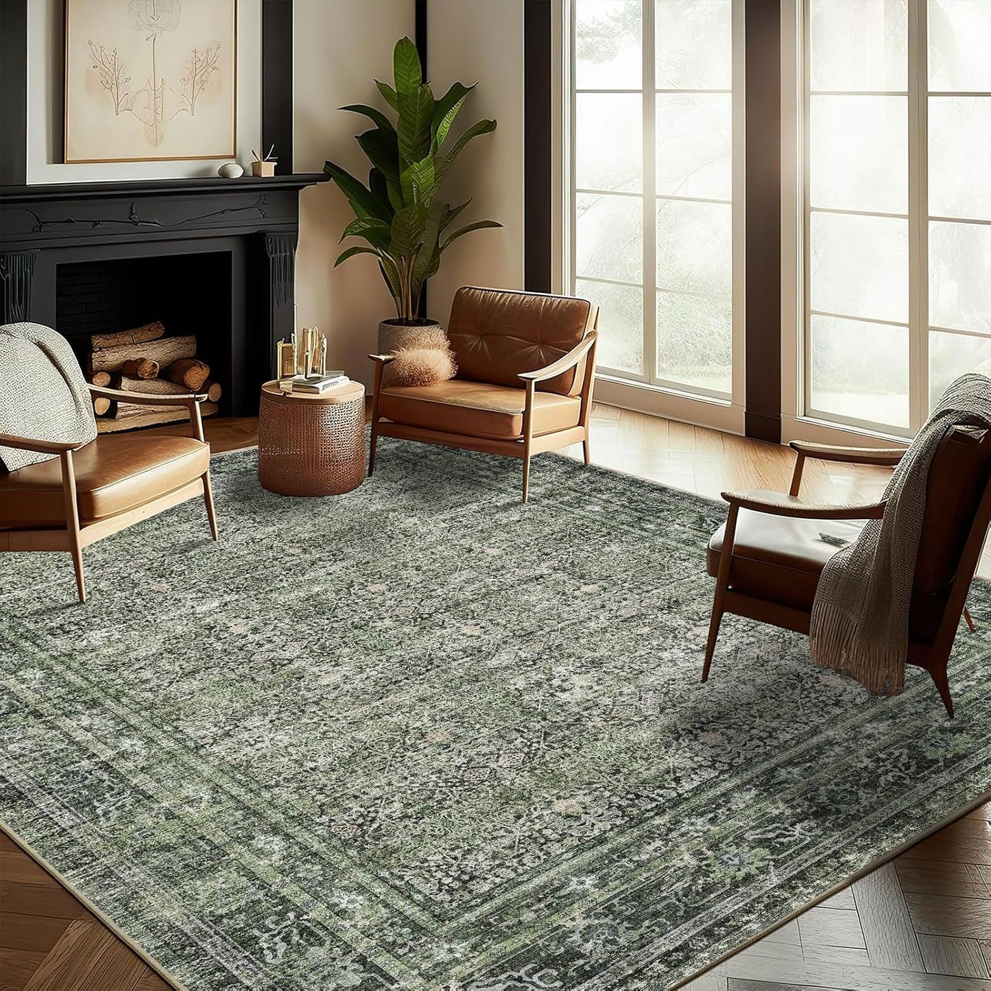 Washable Area Rug 9'x12' Boho Design Non-Shedding Easy Care Ideal for High Traffic Areas in Living Room Bedroom Office Coffee Table Kitchen Large Carpet