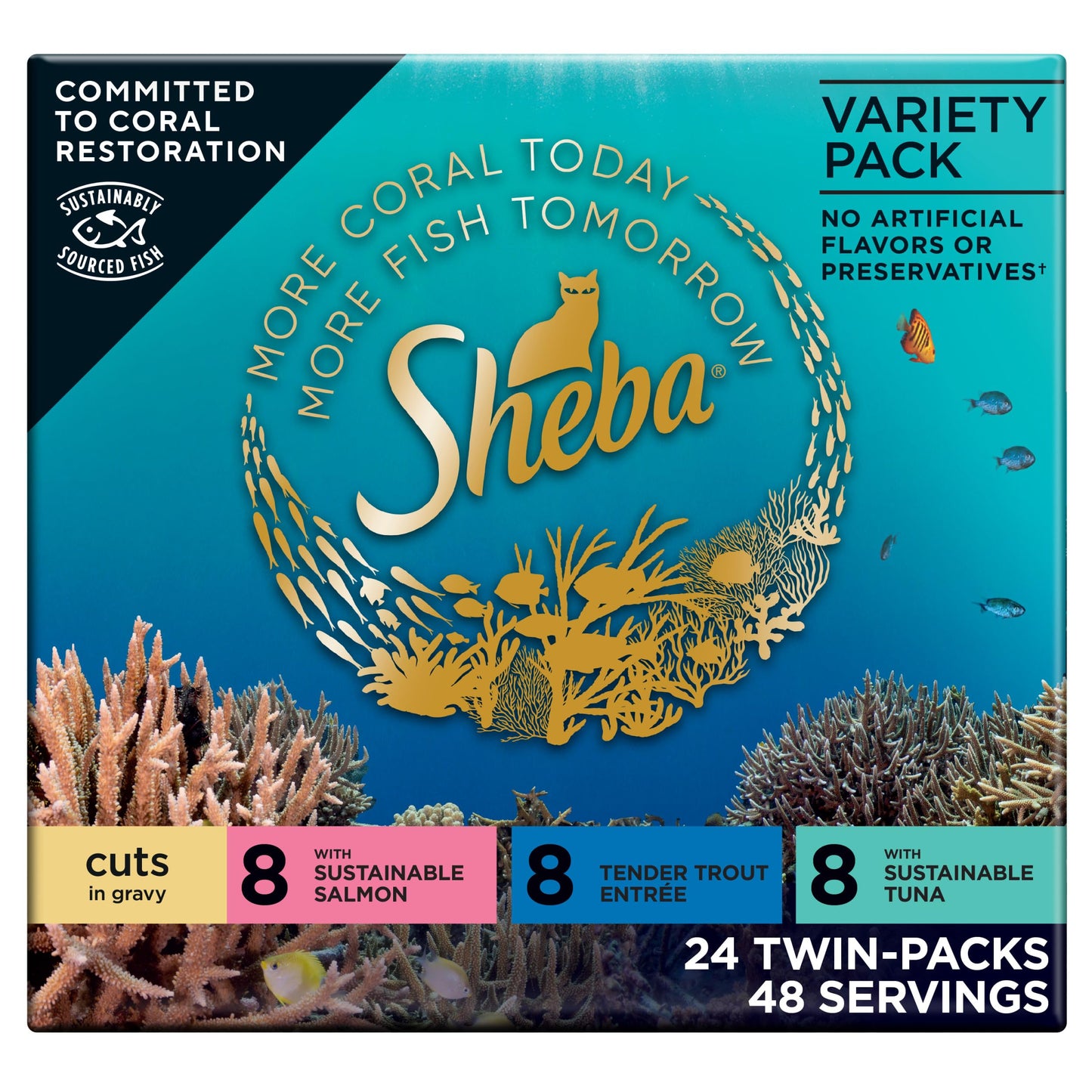 Sheba Perfect Portions Wet Cat Food Cuts in Gravy, Roasted Chicken Entree, with Sustainable Salmon, Tender Turkey Entree, 2.6 oz. Twin-Pack Trays (24 Count, 48 Servings)