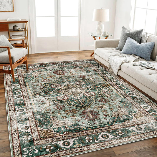 Washable Area Rug 9'x12' Boho Design Non-Shedding Easy Care Ideal for High Traffic Areas in Living Room Bedroom Office Coffee Table Kitchen Large Carpet