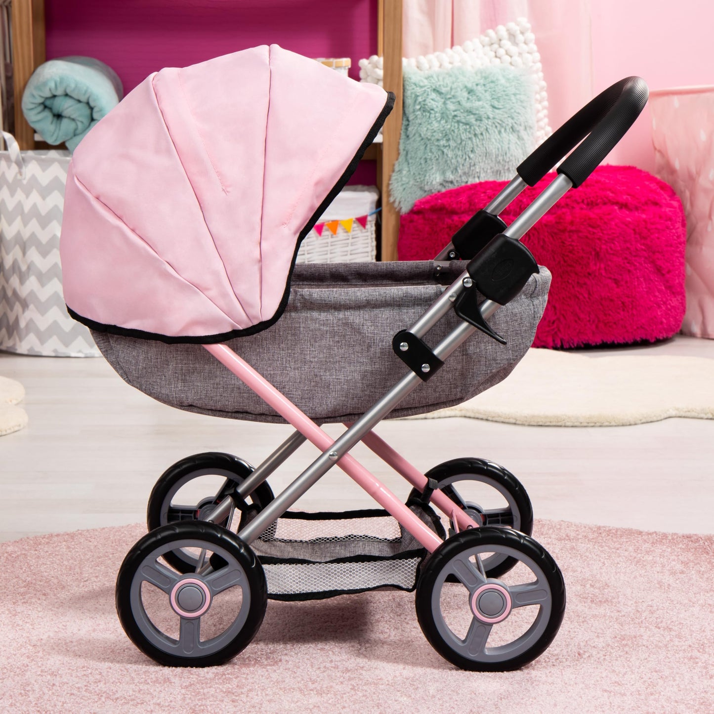 Bayer: 4-in-1 Toy Baby Doll Pram Stroller Cosy Set - Dolls Up to 18" (Pink/Grey) | Baby Dolls | Pretend | Dress up | Accessory