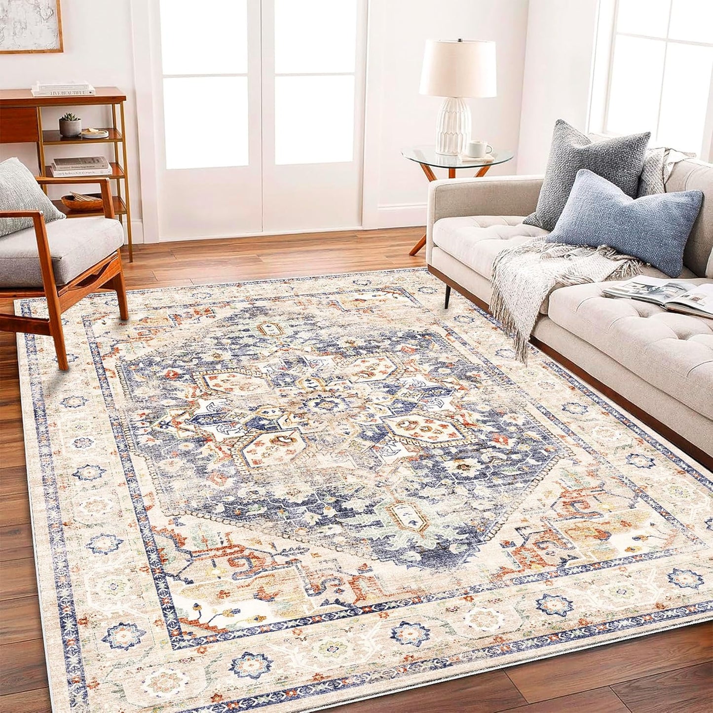 Washable Area Rug 9'x12' Boho Design Non-Shedding Easy Care Ideal for High Traffic Areas in Living Room Bedroom Office Coffee Table Kitchen Large Carpet