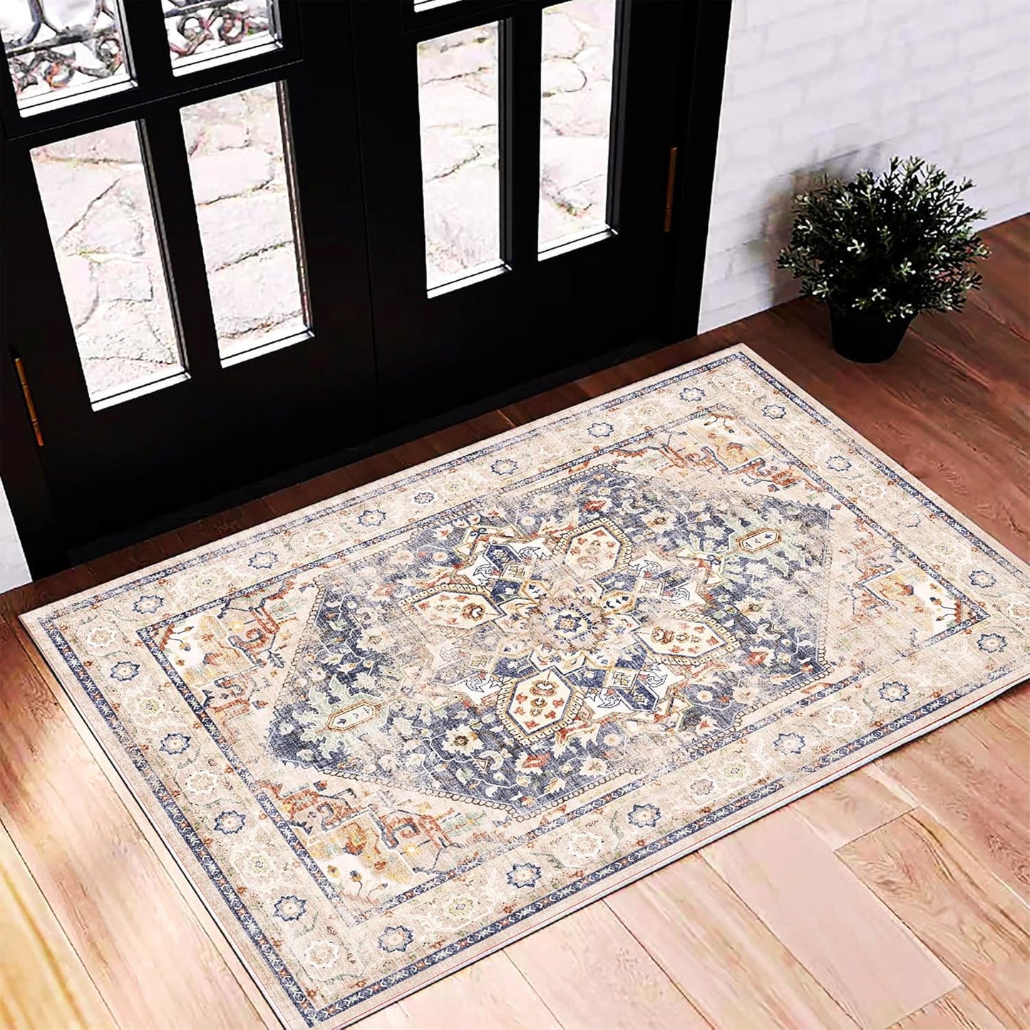 Washable Area Rug 9'x12' Boho Design Non-Shedding Easy Care Ideal for High Traffic Areas in Living Room Bedroom Office Coffee Table Kitchen Large Carpet