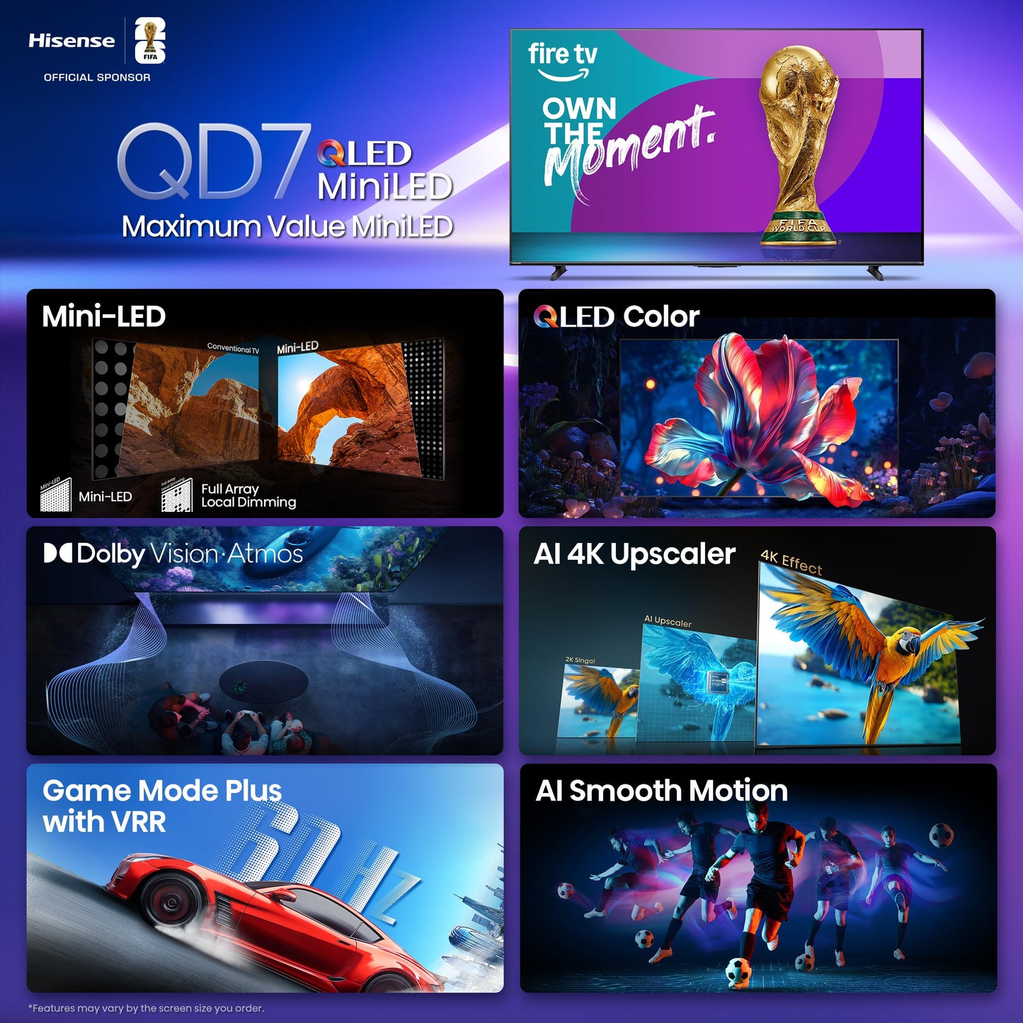 Hisense 85" Class QD7 Series Mini-LED 4K UHD Smart Fire TV (85QD7QF, 2025 Model) - QLED, Native 144hz, HDR10+, Dolby Vision, Dolby Atmos, Game Mode Pro, ALLM, Alexa Built in with Voice Remote, MEMC