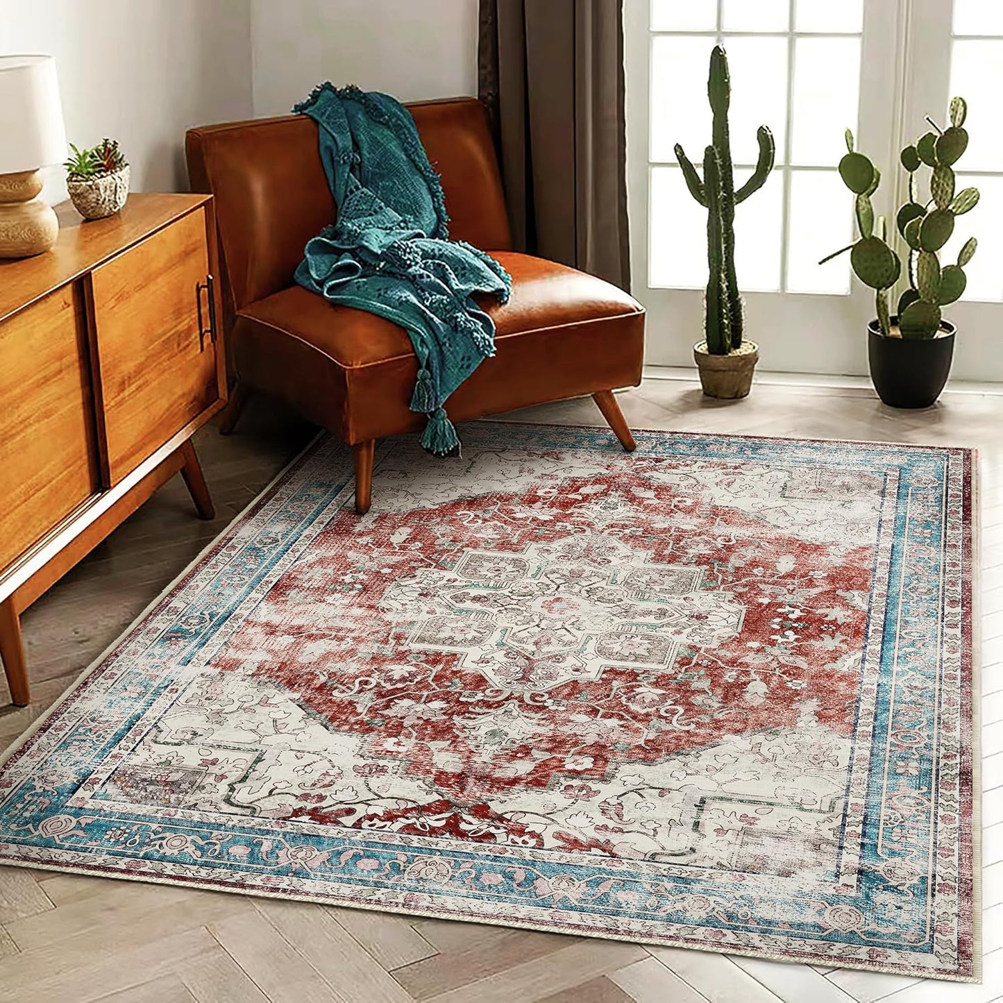 Washable Area Rug 9'x12' Boho Design Non-Shedding Easy Care Ideal for High Traffic Areas in Living Room Bedroom Office Coffee Table Kitchen Large Carpet