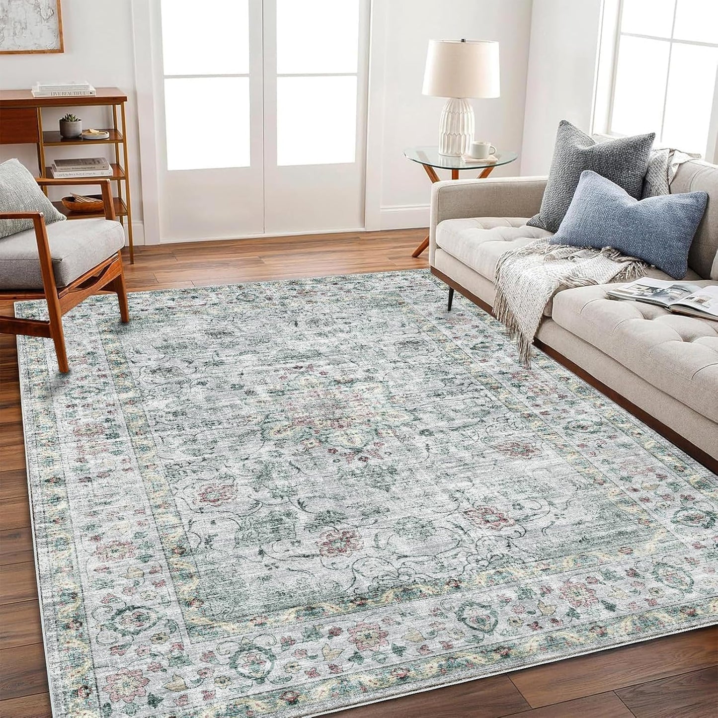 Washable Area Rug 9'x12' Boho Design Non-Shedding Easy Care Ideal for High Traffic Areas in Living Room Bedroom Office Coffee Table Kitchen Large Carpet