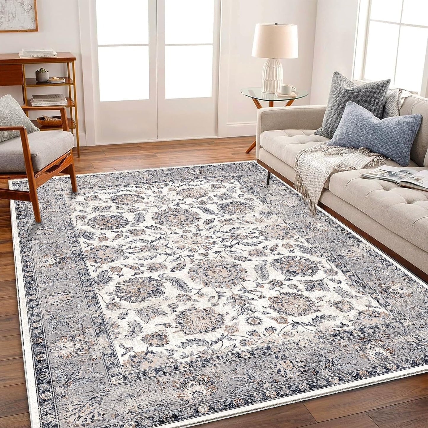 Washable Area Rug 9'x12' Boho Design Non-Shedding Easy Care Ideal for High Traffic Areas in Living Room Bedroom Office Coffee Table Kitchen Large Carpet