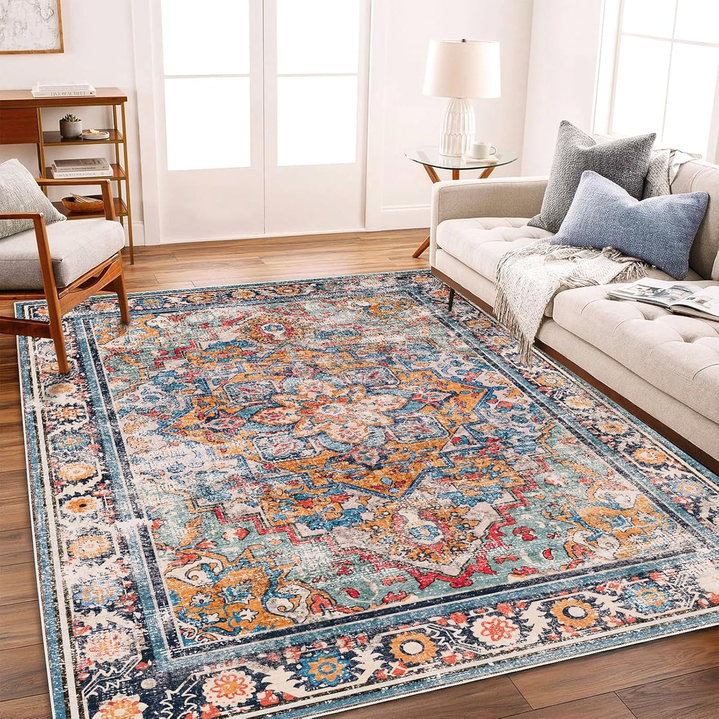 Washable Area Rug 9'x12' Boho Design Non-Shedding Easy Care Ideal for High Traffic Areas in Living Room Bedroom Office Coffee Table Kitchen Large Carpet