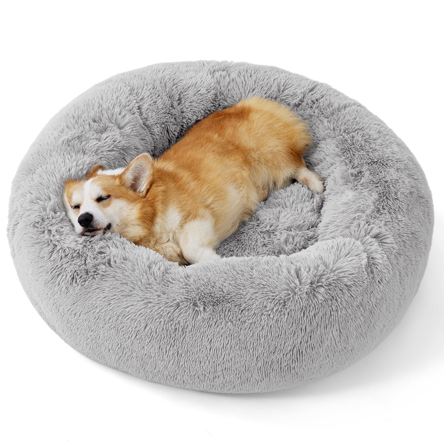 Bedsure Calming Dog Bed Medium Size Dog - Donut Washable Medium Pet Bed, 30 inches Anti-Slip Round Fluffy Plush Faux Fur Cat Bed, Fits up to 45 lbs Pets, Camel