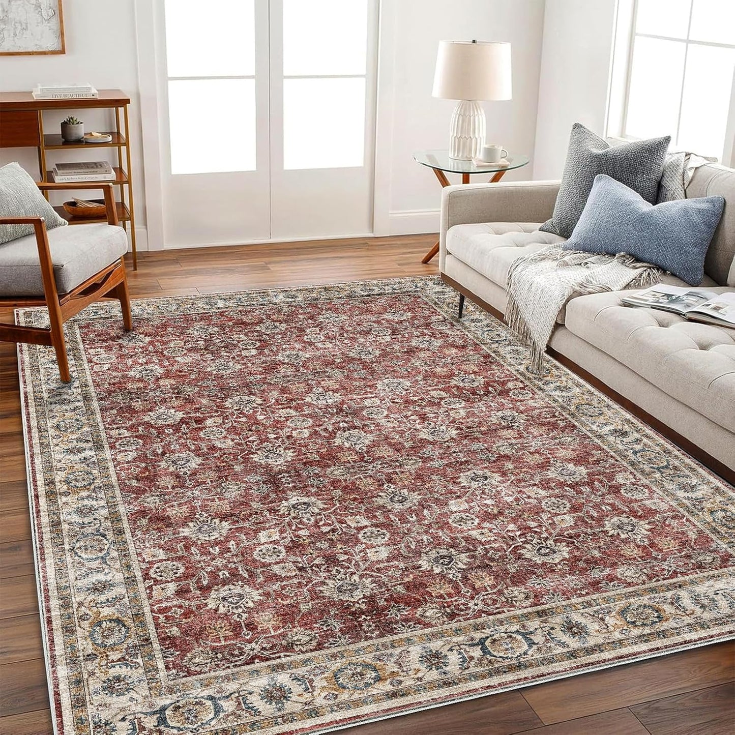 Washable Area Rug 9'x12' Boho Design Non-Shedding Easy Care Ideal for High Traffic Areas in Living Room Bedroom Office Coffee Table Kitchen Large Carpet