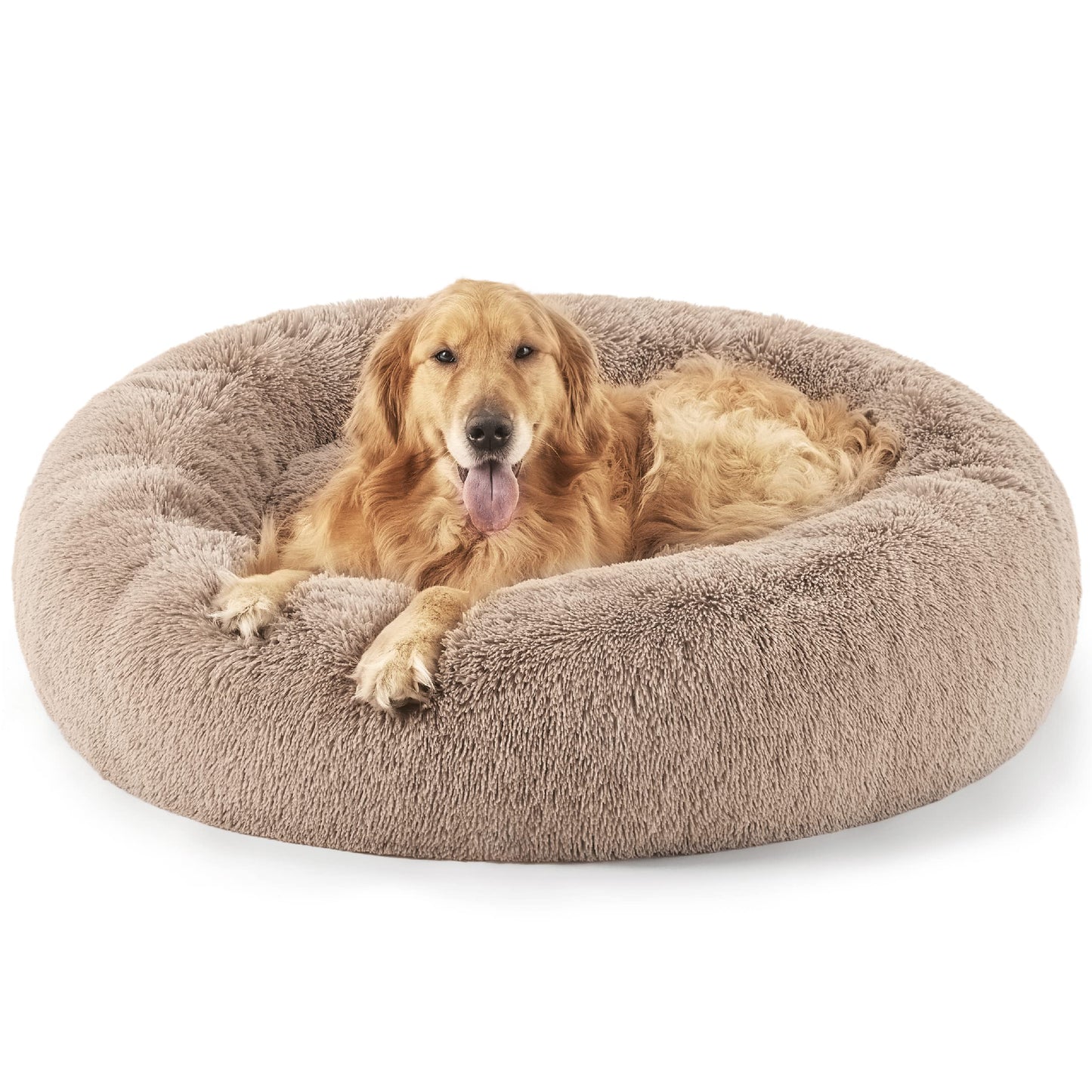 Bedsure Calming Dog Bed Medium Size Dog - Donut Washable Medium Pet Bed, 30 inches Anti-Slip Round Fluffy Plush Faux Fur Cat Bed, Fits up to 45 lbs Pets, Camel