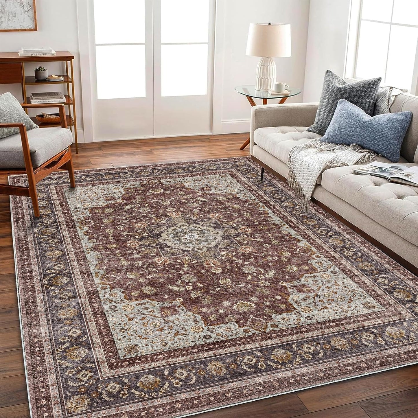Washable Area Rug 9'x12' Boho Design Non-Shedding Easy Care Ideal for High Traffic Areas in Living Room Bedroom Office Coffee Table Kitchen Large Carpet