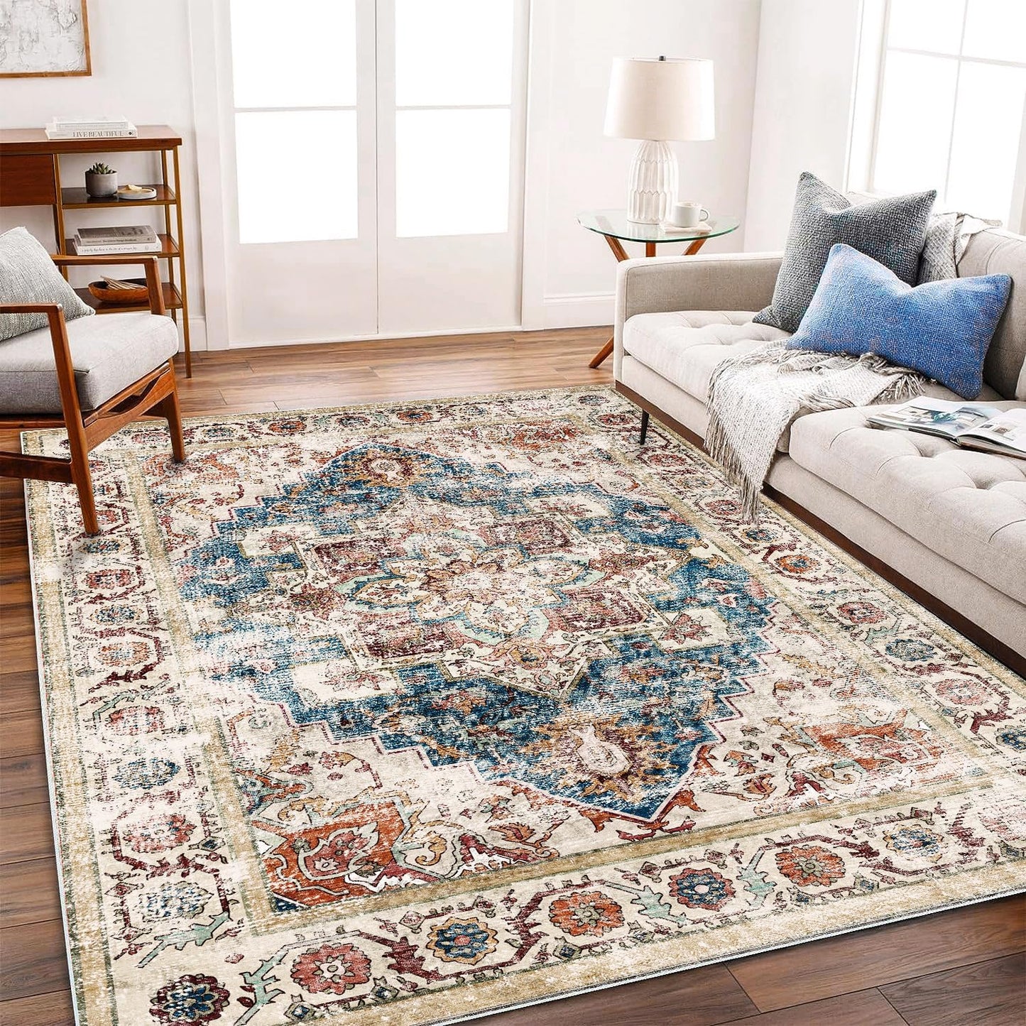 Washable Area Rug 9'x12' Boho Design Non-Shedding Easy Care Ideal for High Traffic Areas in Living Room Bedroom Office Coffee Table Kitchen Large Carpet