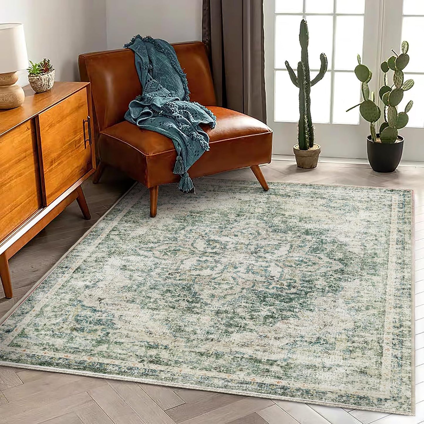 Washable Area Rug 9'x12' Boho Design Non-Shedding Easy Care Ideal for High Traffic Areas in Living Room Bedroom Office Coffee Table Kitchen Large Carpet