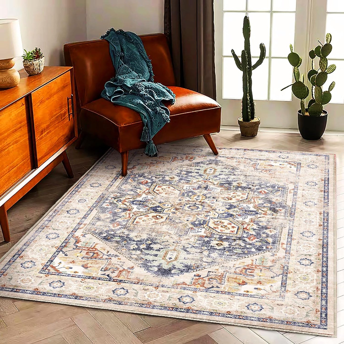Washable Area Rug 9'x12' Boho Design Non-Shedding Easy Care Ideal for High Traffic Areas in Living Room Bedroom Office Coffee Table Kitchen Large Carpet