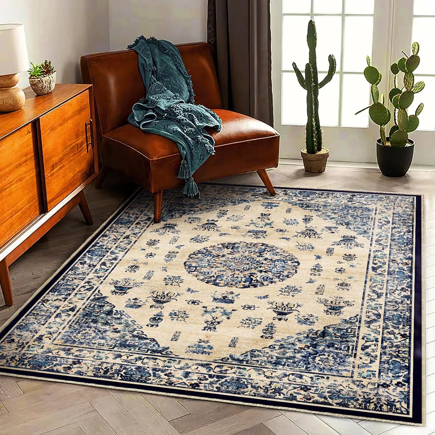 Washable Area Rug 9'x12' Boho Design Non-Shedding Easy Care Ideal for High Traffic Areas in Living Room Bedroom Office Coffee Table Kitchen Large Carpet