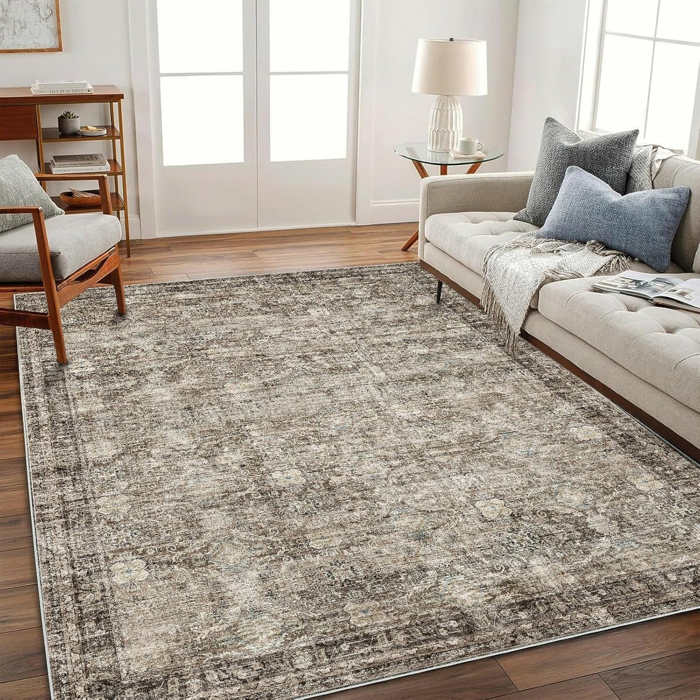 Washable Area Rug 9'x12' Boho Design Non-Shedding Easy Care Ideal for High Traffic Areas in Living Room Bedroom Office Coffee Table Kitchen Large Carpet