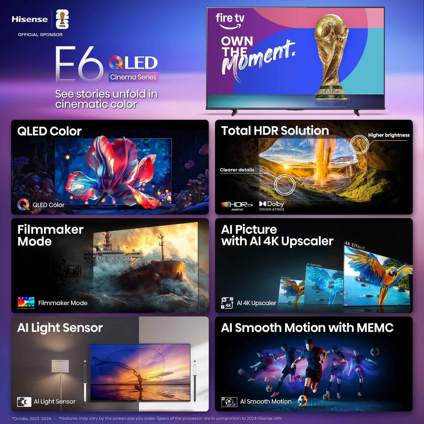 Hisense 75" E6 Cinema Series QLED 4K UHD Smart Fire TV (75E6QF, 2025 Model) - QLED, AI Light Sensor, Dolby Vision · Atmos, Voice Remote with Alexa, Motion Rate 120, HDR 10+ Adaptive, Game Mode Plus