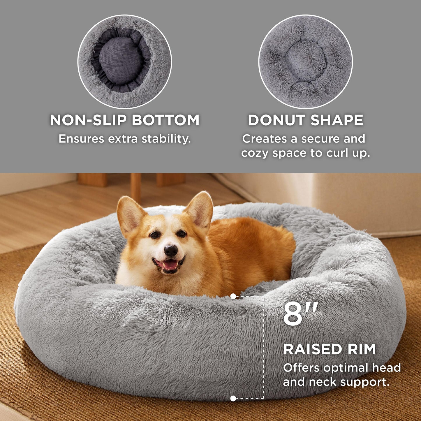 Bedsure Calming Dog Bed Medium Size Dog - Donut Washable Medium Pet Bed, 30 inches Anti-Slip Round Fluffy Plush Faux Fur Cat Bed, Fits up to 45 lbs Pets, Camel