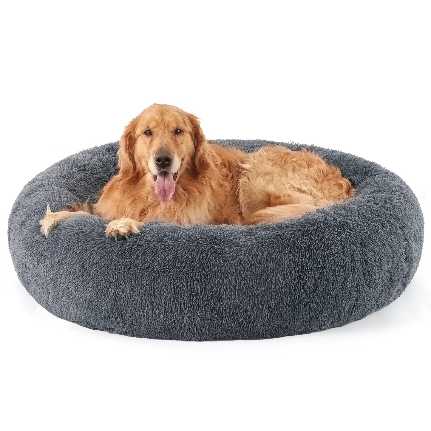 Bedsure Calming Dog Bed Medium Size Dog - Donut Washable Medium Pet Bed, 30 inches Anti-Slip Round Fluffy Plush Faux Fur Cat Bed, Fits up to 45 lbs Pets, Camel