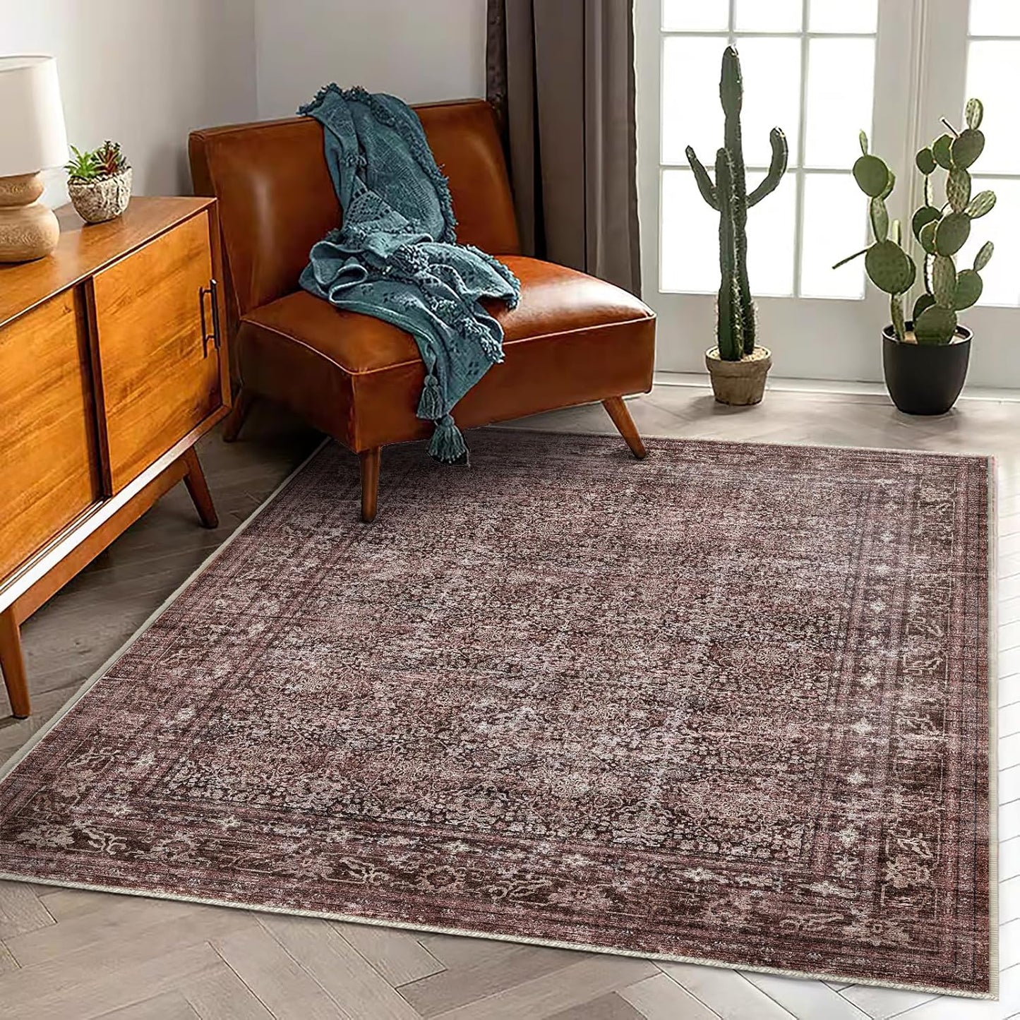 Washable Area Rug 9'x12' Boho Design Non-Shedding Easy Care Ideal for High Traffic Areas in Living Room Bedroom Office Coffee Table Kitchen Large Carpet