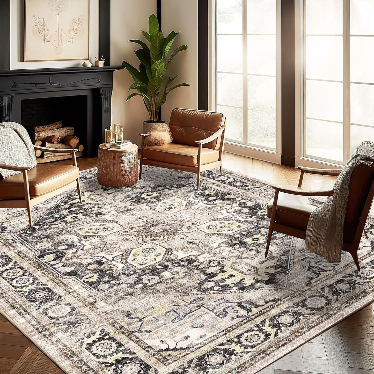 Washable Area Rug 9'x12' Boho Design Non-Shedding Easy Care Ideal for High Traffic Areas in Living Room Bedroom Office Coffee Table Kitchen Large Carpet