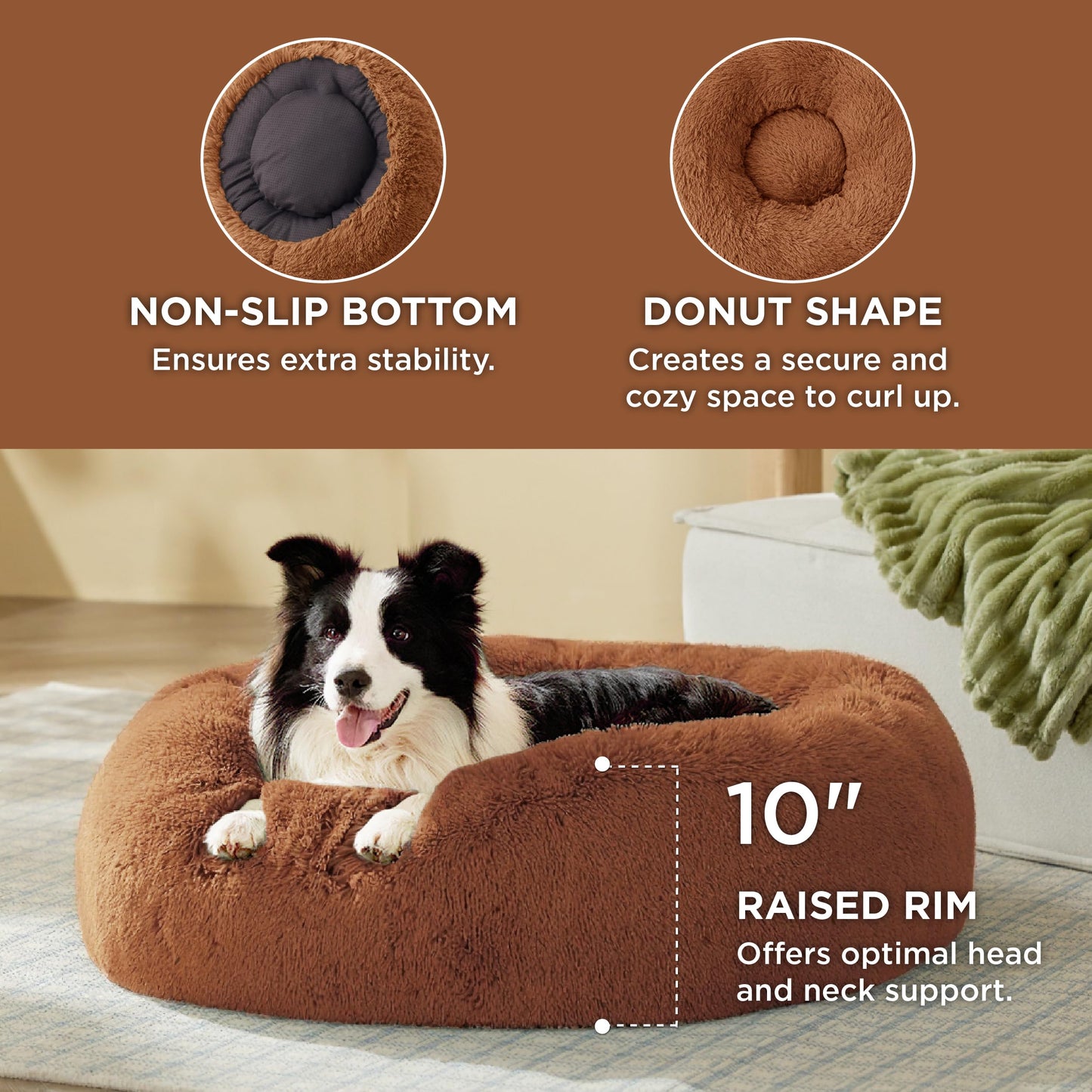 Bedsure Calming Dog Bed Medium Size Dog - Donut Washable Medium Pet Bed, 30 inches Anti-Slip Round Fluffy Plush Faux Fur Cat Bed, Fits up to 45 lbs Pets, Camel