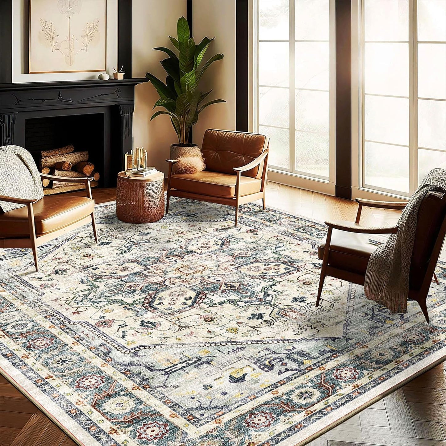 Washable Area Rug 9'x12' Boho Design Non-Shedding Easy Care Ideal for High Traffic Areas in Living Room Bedroom Office Coffee Table Kitchen Large Carpet