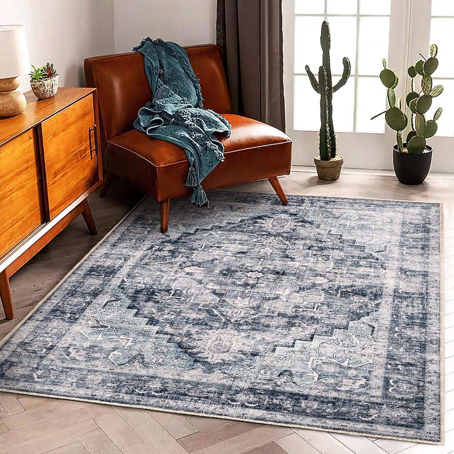 Washable Area Rug 9'x12' Boho Design Non-Shedding Easy Care Ideal for High Traffic Areas in Living Room Bedroom Office Coffee Table Kitchen Large Carpet