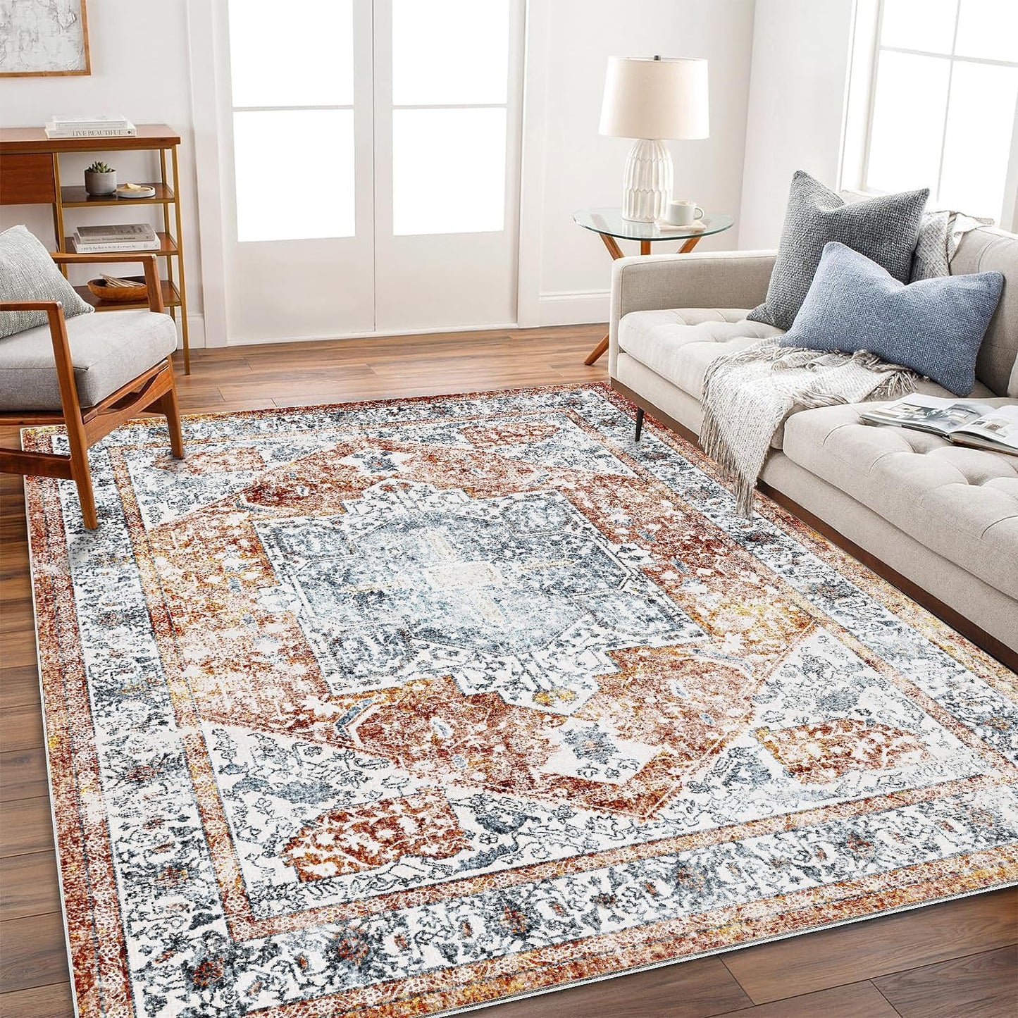 Washable Area Rug 9'x12' Boho Design Non-Shedding Easy Care Ideal for High Traffic Areas in Living Room Bedroom Office Coffee Table Kitchen Large Carpet