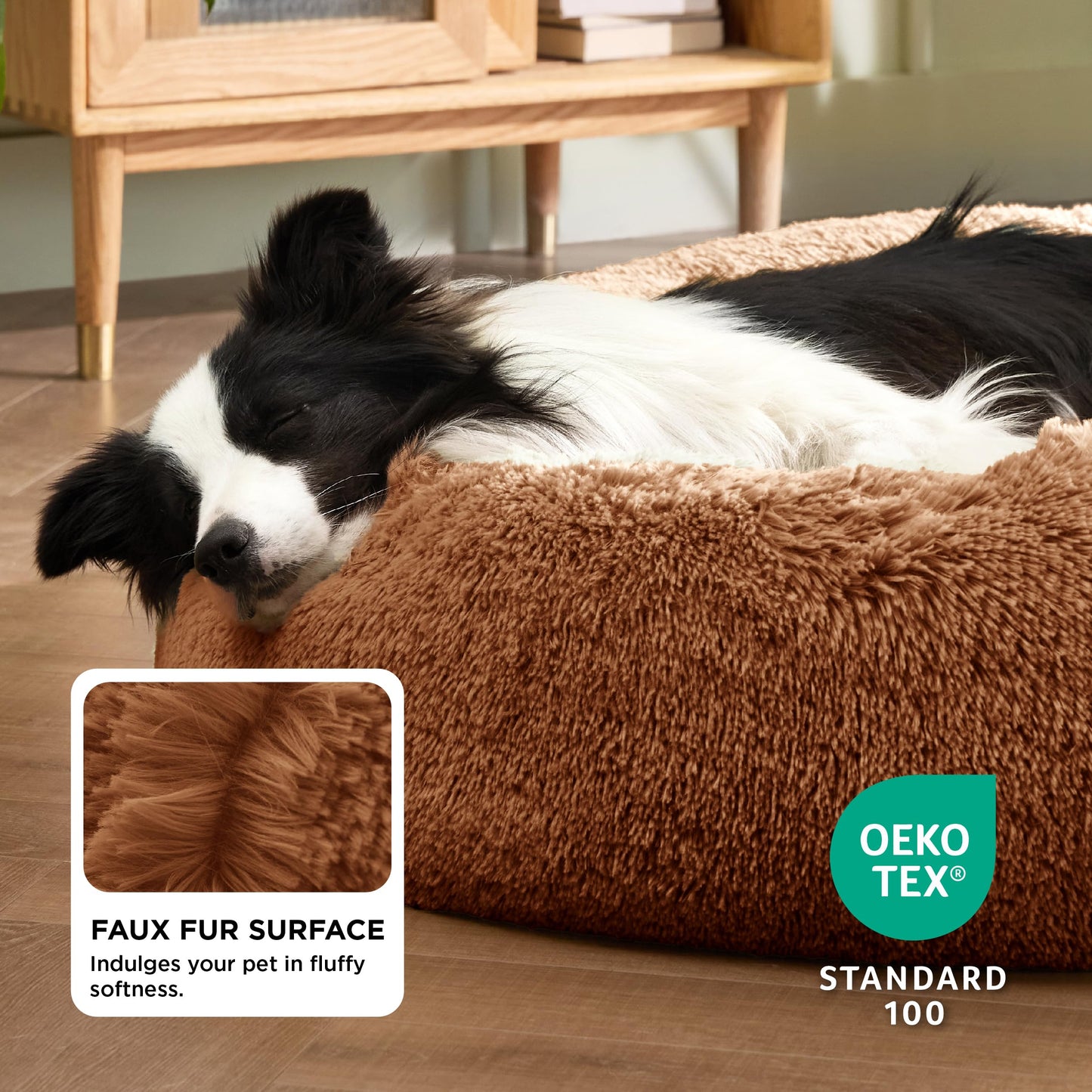 Bedsure Calming Dog Bed Medium Size Dog - Donut Washable Medium Pet Bed, 30 inches Anti-Slip Round Fluffy Plush Faux Fur Cat Bed, Fits up to 45 lbs Pets, Camel